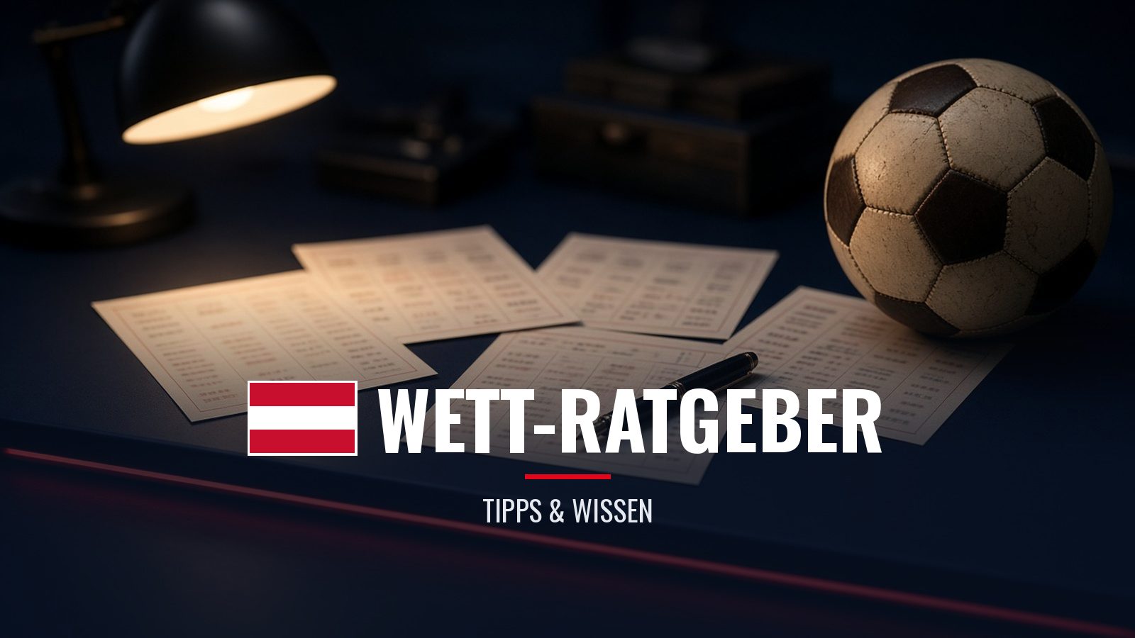 Analyse-Schreibtisch mit Wettscheinen, Füller und Fußball – Wett-Ratgeber Featured Image